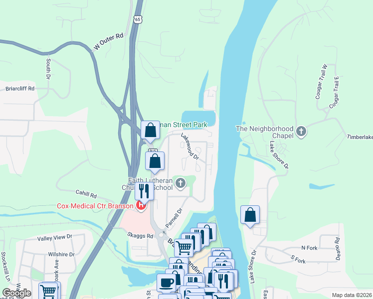 map of restaurants, bars, coffee shops, grocery stores, and more near 13 Ash Court in Branson
