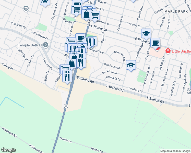 map of restaurants, bars, coffee shops, grocery stores, and more near 133 La Mesa Drive in Salinas