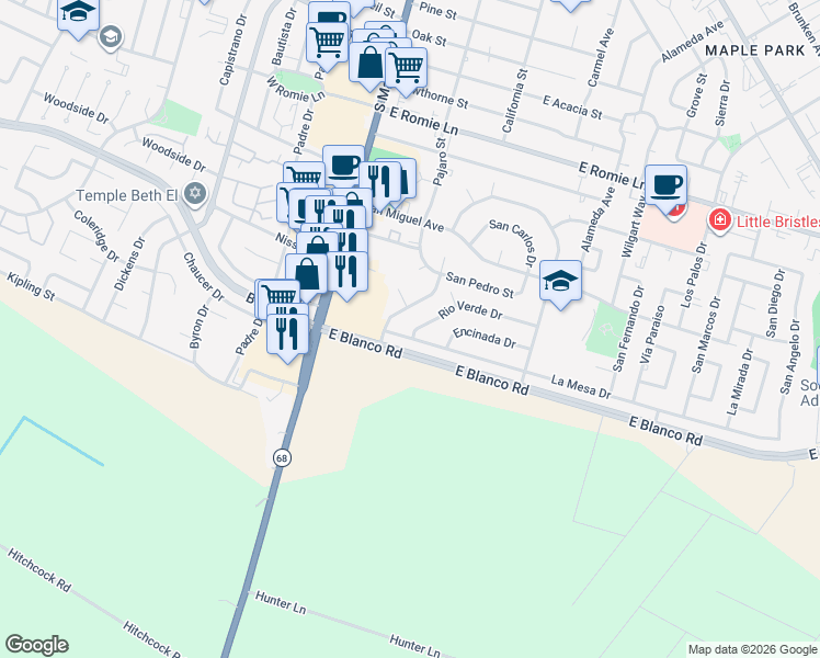 map of restaurants, bars, coffee shops, grocery stores, and more near 133 La Mesa Drive in Salinas