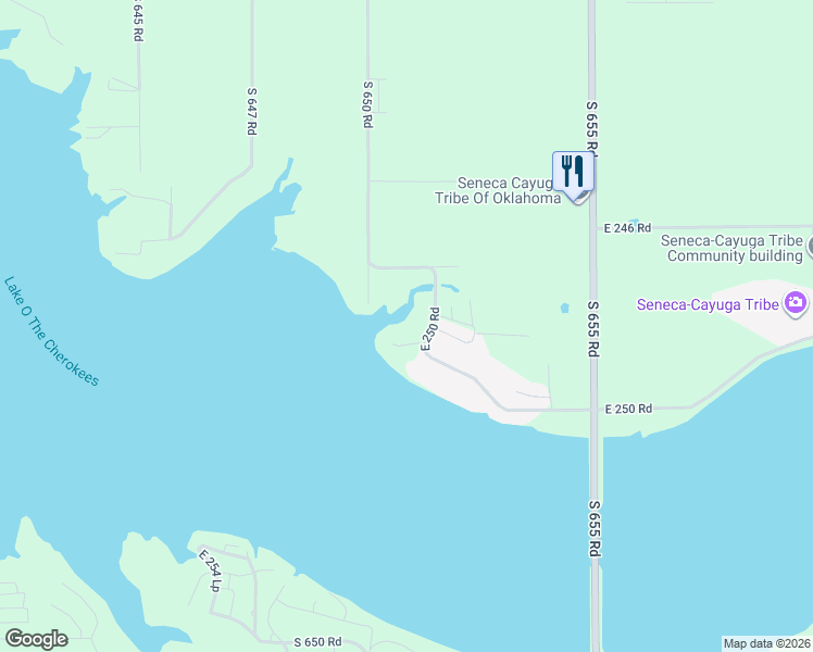 map of restaurants, bars, coffee shops, grocery stores, and more near 65111 East 250 Road in Grove