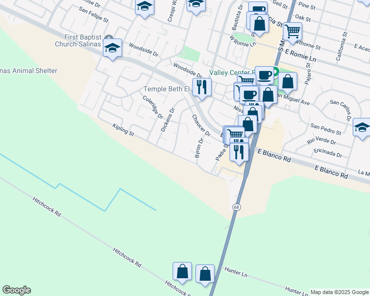 map of restaurants, bars, coffee shops, grocery stores, and more near 1330 Byron Drive in Salinas