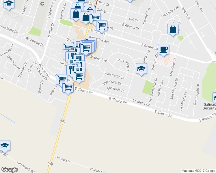 map of restaurants, bars, coffee shops, grocery stores, and more near 207 Encinada Drive in Salinas