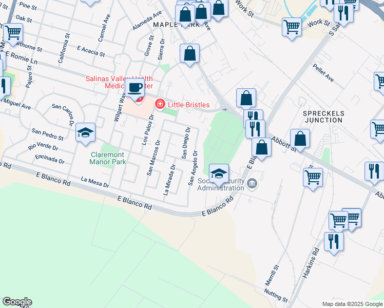 map of restaurants, bars, coffee shops, grocery stores, and more near 1194 San Diego Drive in Salinas