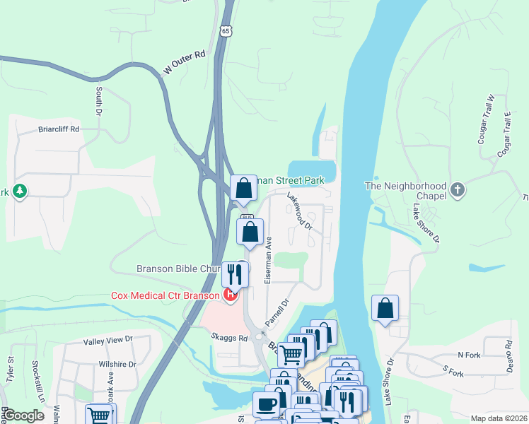 map of restaurants, bars, coffee shops, grocery stores, and more near 639 Eiserman Avenue in Branson