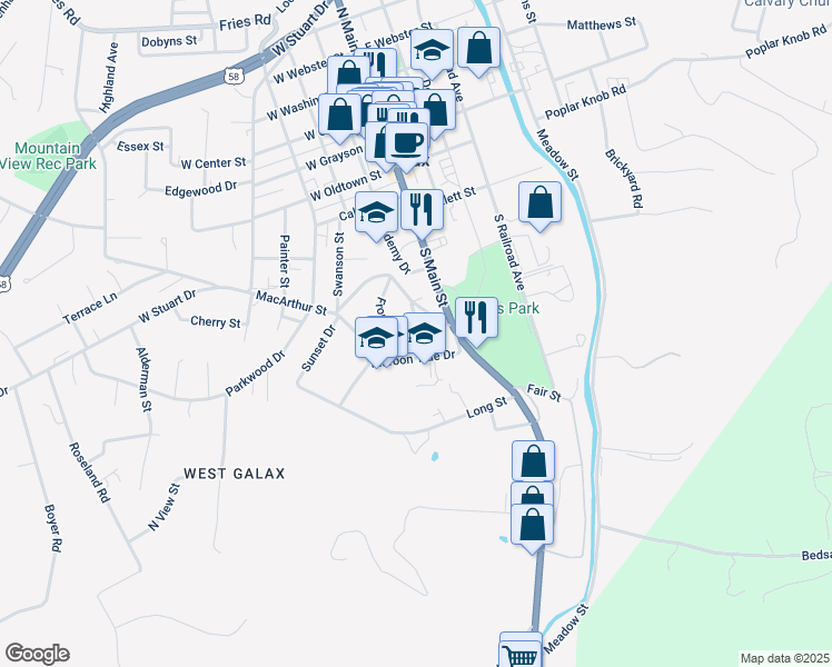 map of restaurants, bars, coffee shops, grocery stores, and more near 210 Anderson Street in Galax