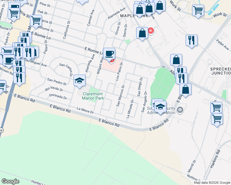 map of restaurants, bars, coffee shops, grocery stores, and more near 616 San Miguel Avenue in Salinas