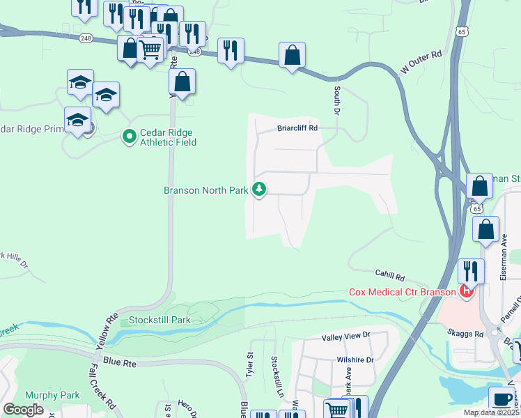 map of restaurants, bars, coffee shops, grocery stores, and more near 115 Westwood Dr in Branson