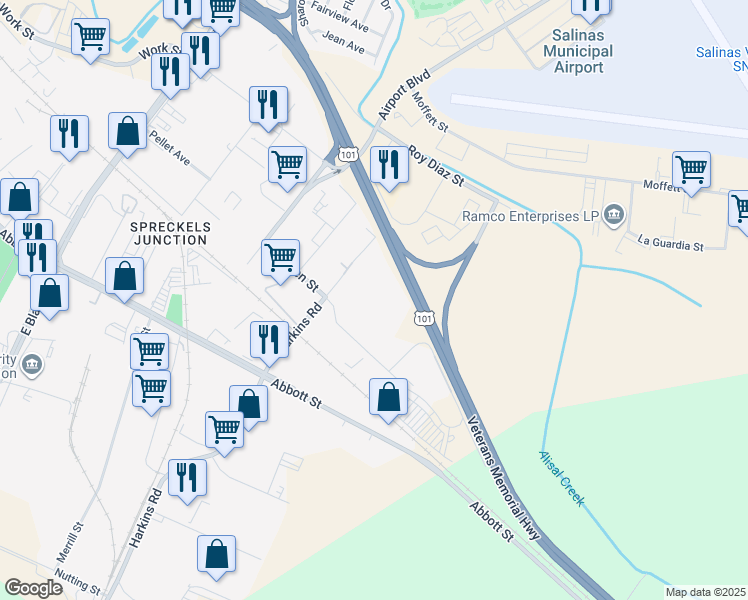 map of restaurants, bars, coffee shops, grocery stores, and more near 1311 Schilling Pl in Salinas