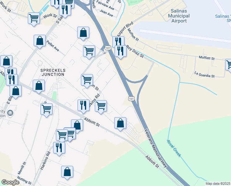 map of restaurants, bars, coffee shops, grocery stores, and more near 1311 Schilling Place in Salinas