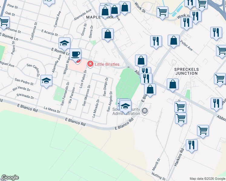 map of restaurants, bars, coffee shops, grocery stores, and more near 1195 San Angelo Drive in Salinas