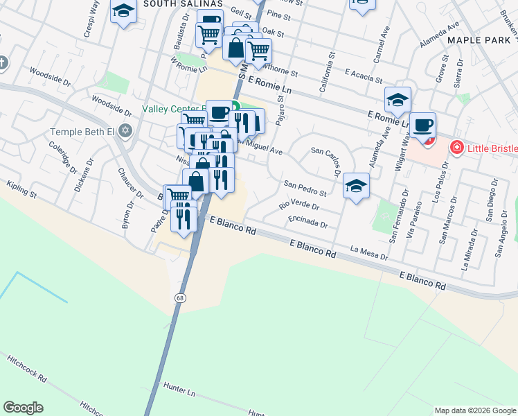map of restaurants, bars, coffee shops, grocery stores, and more near 133 La Mesa Drive in Salinas