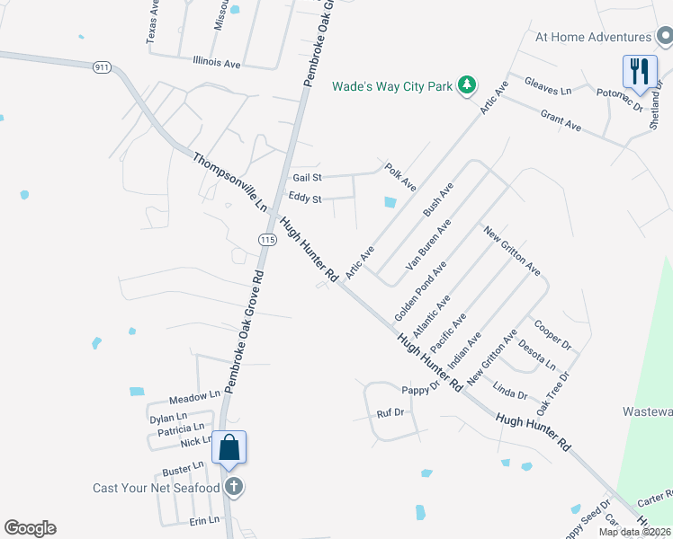 map of restaurants, bars, coffee shops, grocery stores, and more near 280 Hugh Hunter Road in Oak Grove