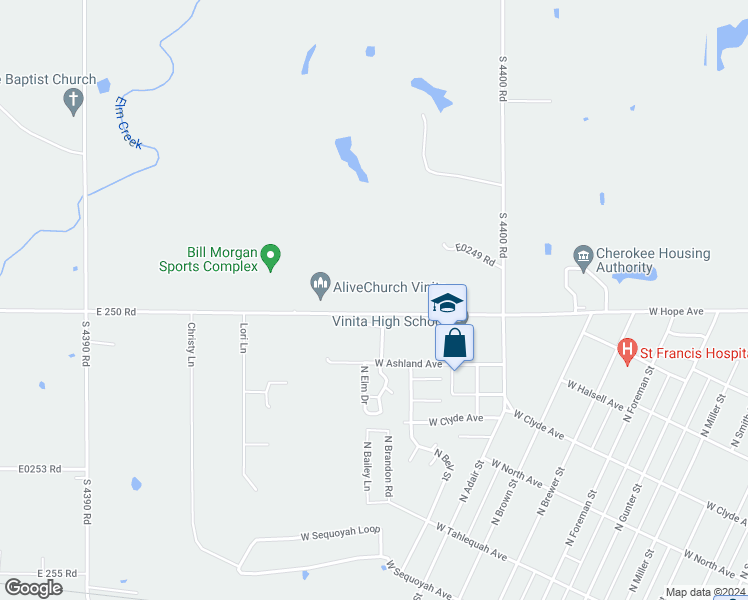 map of restaurants, bars, coffee shops, grocery stores, and more near 1400 West Hope Avenue in Vinita