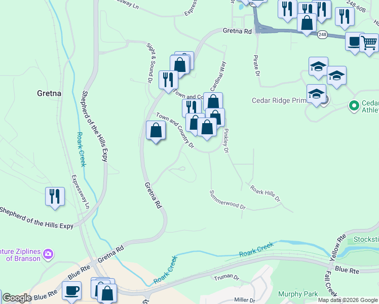 map of restaurants, bars, coffee shops, grocery stores, and more near Ivy Lane in Branson