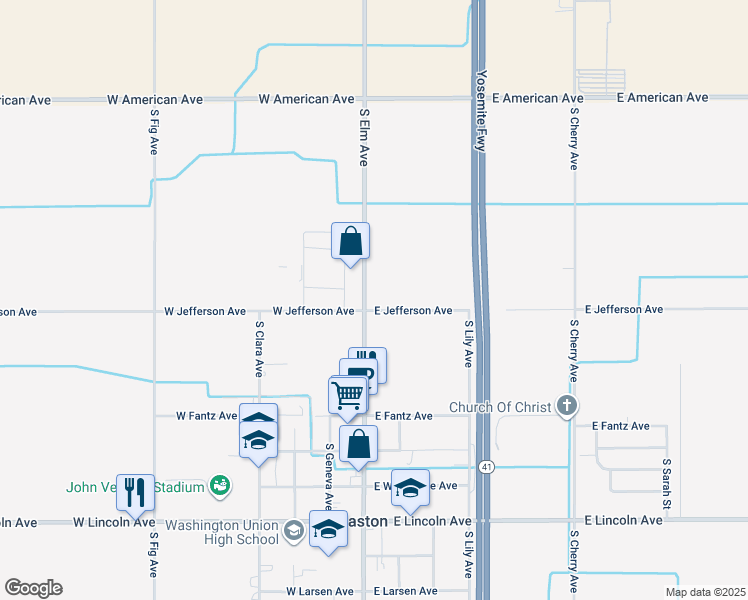 map of restaurants, bars, coffee shops, grocery stores, and more near 54 East Jefferson Avenue in Fresno