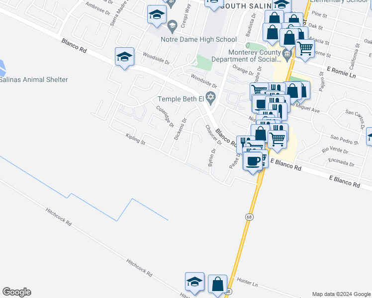map of restaurants, bars, coffee shops, grocery stores, and more near in Salinas