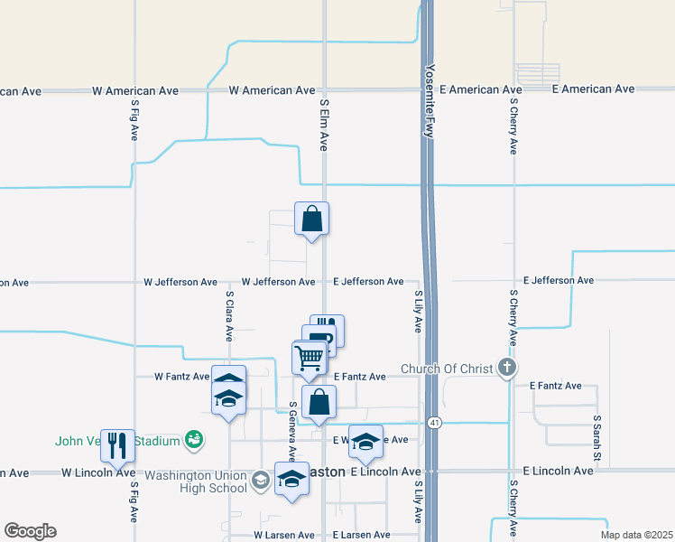 map of restaurants, bars, coffee shops, grocery stores, and more near 54 East Jefferson Avenue in Fresno