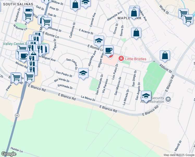 map of restaurants, bars, coffee shops, grocery stores, and more near 1158 Wilgart Way in Salinas