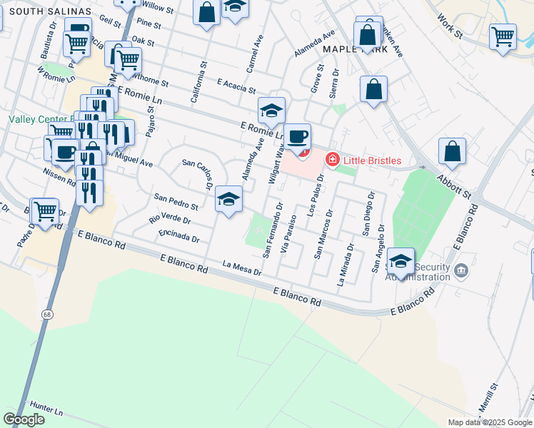 map of restaurants, bars, coffee shops, grocery stores, and more near 1158 Wilgart Way in Salinas