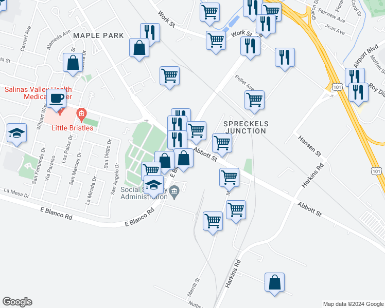 map of restaurants, bars, coffee shops, grocery stores, and more near 1012 Abbott Street in Salinas