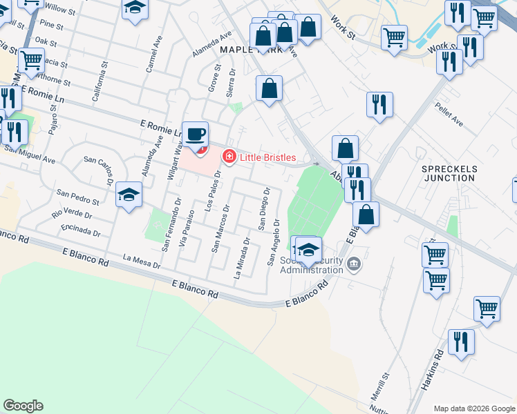 map of restaurants, bars, coffee shops, grocery stores, and more near 1128 San Diego Drive in Salinas