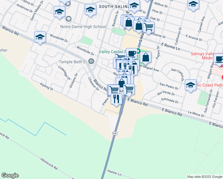 map of restaurants, bars, coffee shops, grocery stores, and more near 1240 Padre Drive in Salinas