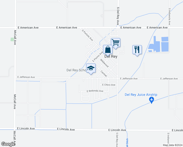 map of restaurants, bars, coffee shops, grocery stores, and more near 10620 Morro Avenue in Del Rey