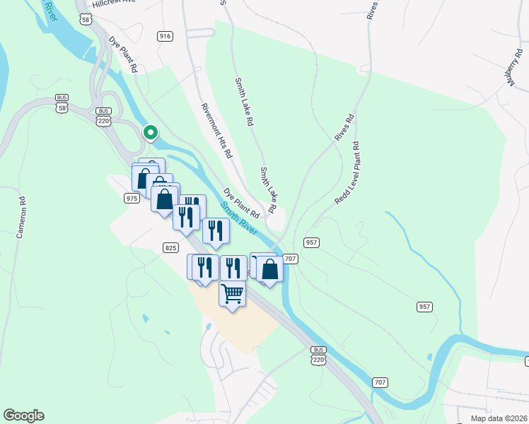 map of restaurants, bars, coffee shops, grocery stores, and more near County Road 707 in Martinsville