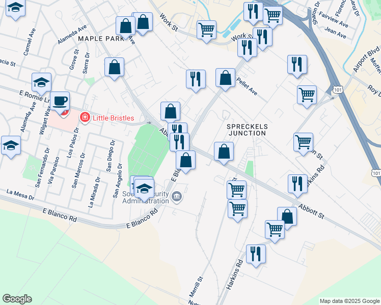 map of restaurants, bars, coffee shops, grocery stores, and more near 1012 Abbott Street in Salinas