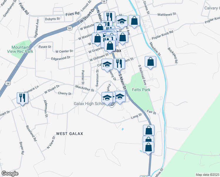 map of restaurants, bars, coffee shops, grocery stores, and more near 108 Front Street in Galax