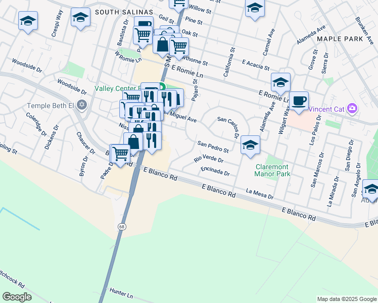 map of restaurants, bars, coffee shops, grocery stores, and more near 1204 Pajaro Street in Salinas