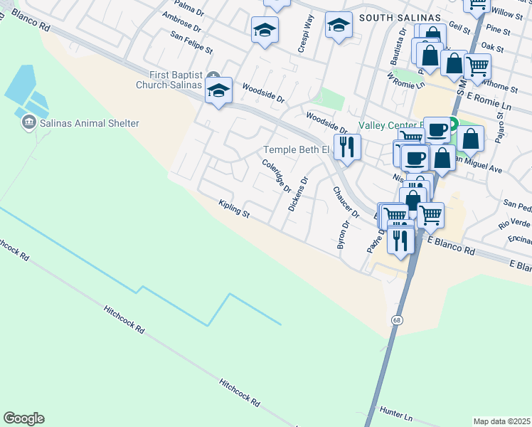 map of restaurants, bars, coffee shops, grocery stores, and more near 309 Primavera Way in Salinas