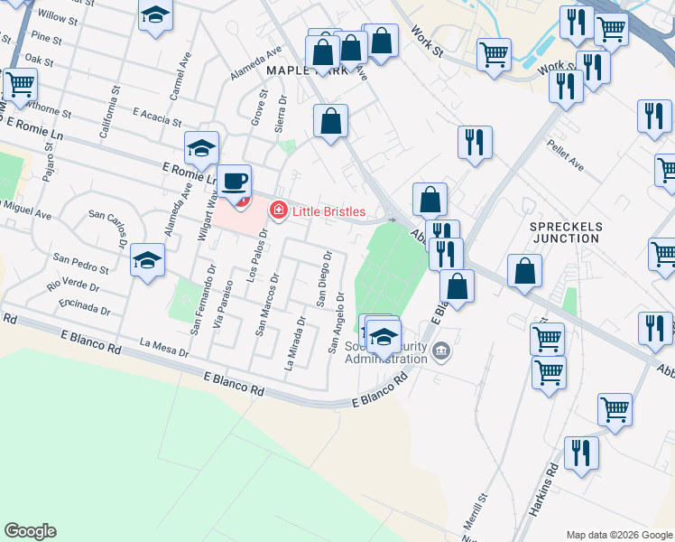 map of restaurants, bars, coffee shops, grocery stores, and more near 1132 San Angelo Drive in Salinas