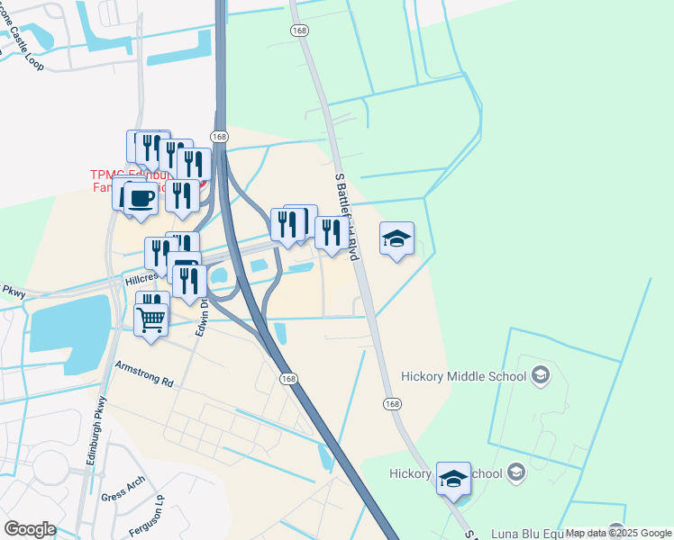 map of restaurants, bars, coffee shops, grocery stores, and more near 141 Hillcrest Parkway in Chesapeake