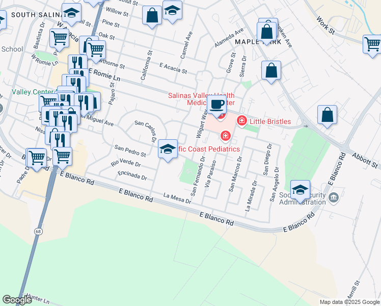 map of restaurants, bars, coffee shops, grocery stores, and more near 1158 Wilgart Way in Salinas