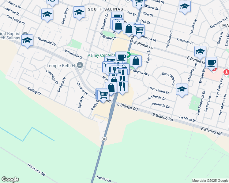 map of restaurants, bars, coffee shops, grocery stores, and more near 1228 South Main Street in Salinas