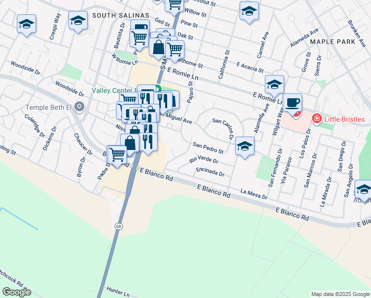 map of restaurants, bars, coffee shops, grocery stores, and more near 1204 Pajaro Street in Salinas