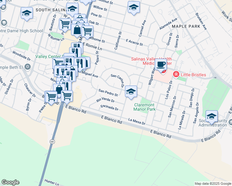 map of restaurants, bars, coffee shops, grocery stores, and more near 47 San Pedro Street in Salinas