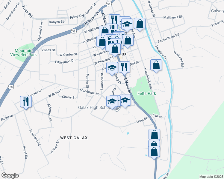 map of restaurants, bars, coffee shops, grocery stores, and more near 108 Front Street in Galax