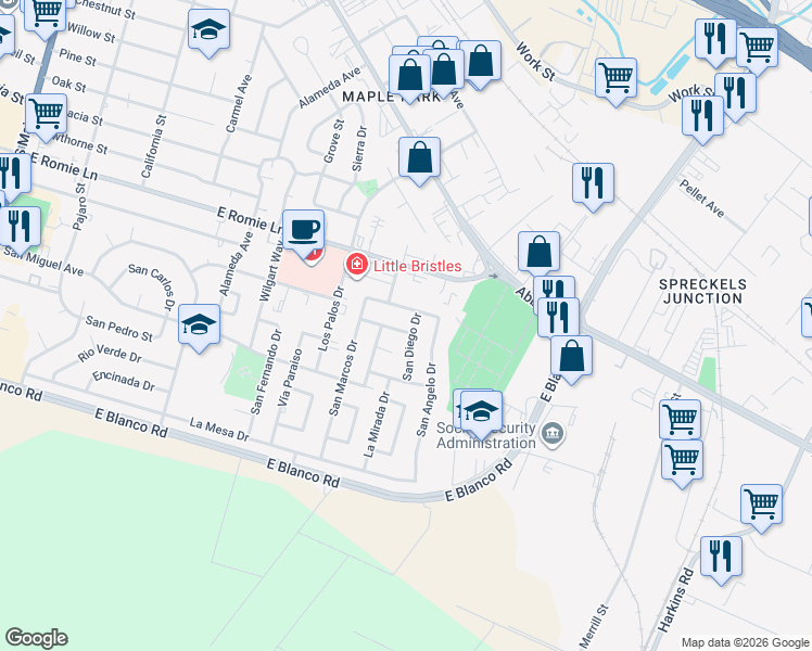 map of restaurants, bars, coffee shops, grocery stores, and more near 1128 San Diego Drive in Salinas