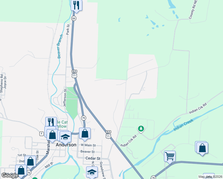 map of restaurants, bars, coffee shops, grocery stores, and more near Starlight Drive in Anderson