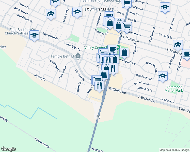 map of restaurants, bars, coffee shops, grocery stores, and more near 1240 Padre Drive in Salinas