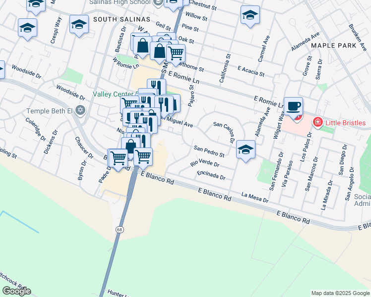 map of restaurants, bars, coffee shops, grocery stores, and more near 1204 Pajaro Street in Salinas