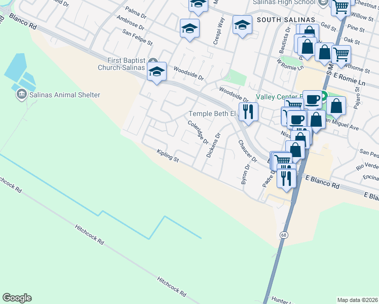 map of restaurants, bars, coffee shops, grocery stores, and more near 309 Primavera Way in Salinas