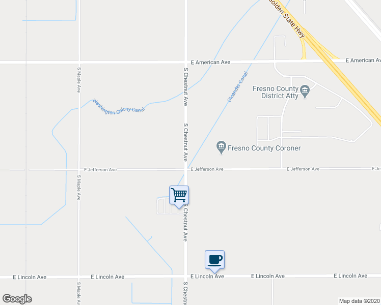map of restaurants, bars, coffee shops, grocery stores, and more near 5404 South Chestnut Avenue in Fresno