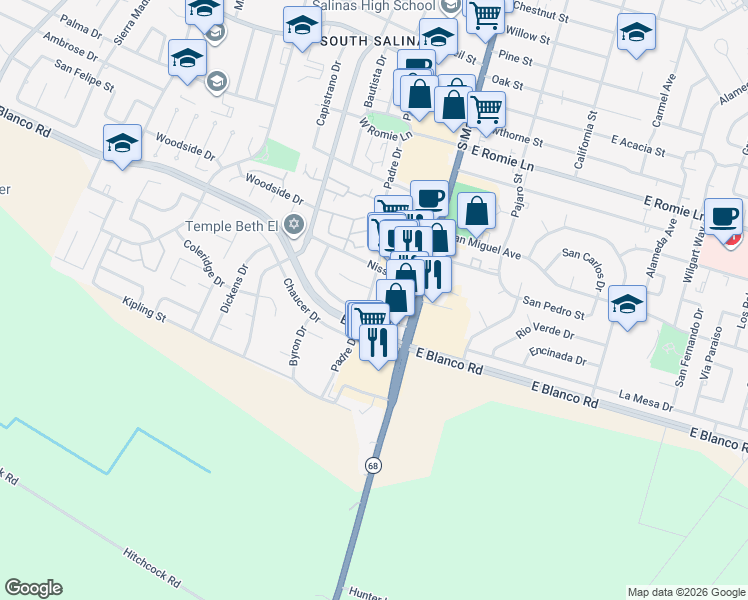 map of restaurants, bars, coffee shops, grocery stores, and more near 1231 Padre Drive in Salinas