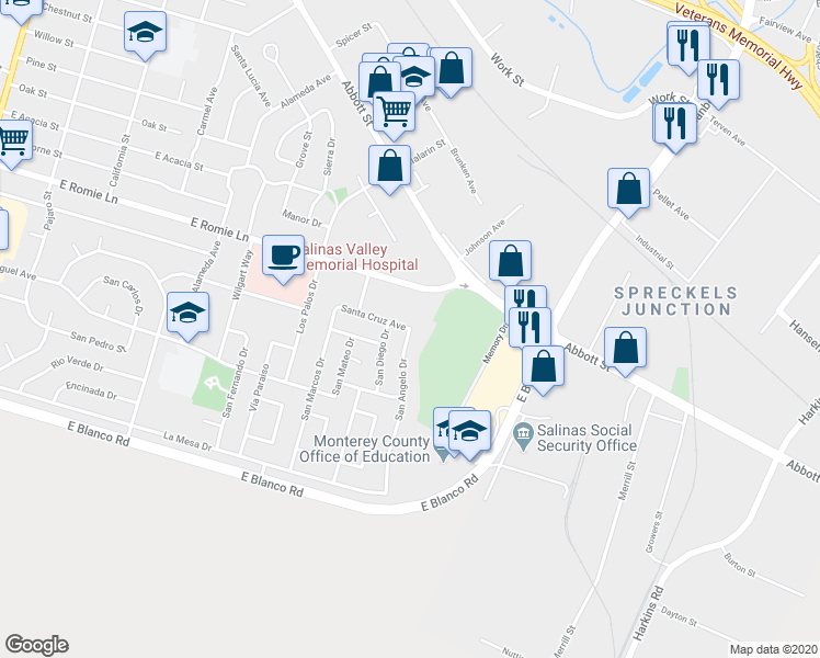map of restaurants, bars, coffee shops, grocery stores, and more near 699 Santa Cruz Avenue in Salinas