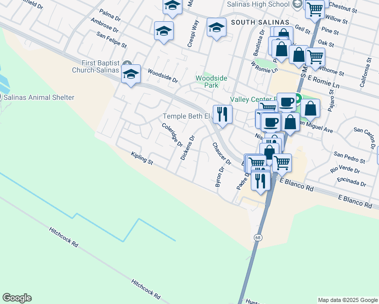 map of restaurants, bars, coffee shops, grocery stores, and more near 215 Coleridge Drive in Salinas