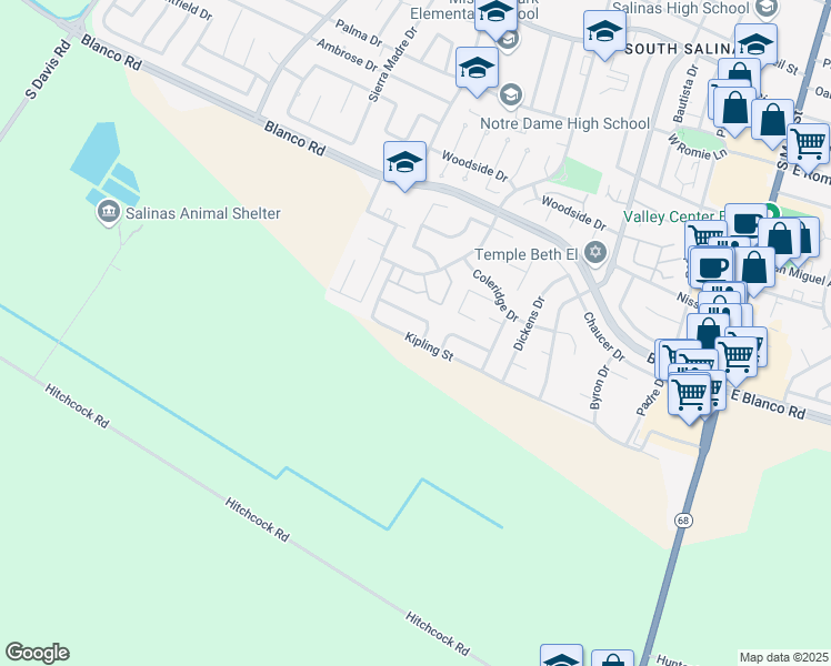 map of restaurants, bars, coffee shops, grocery stores, and more near 408 Kipling Street in Salinas