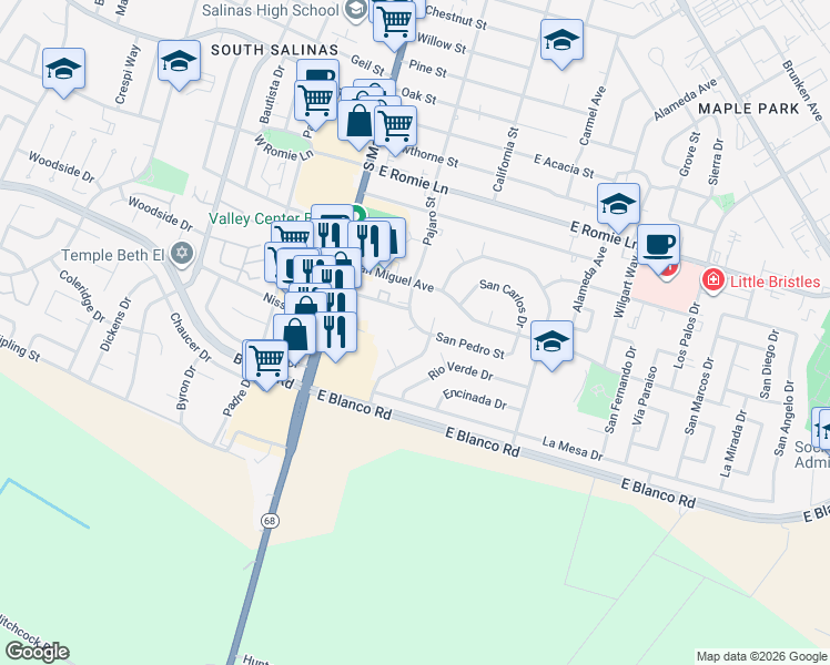 map of restaurants, bars, coffee shops, grocery stores, and more near 1140 Pajaro Street in Salinas